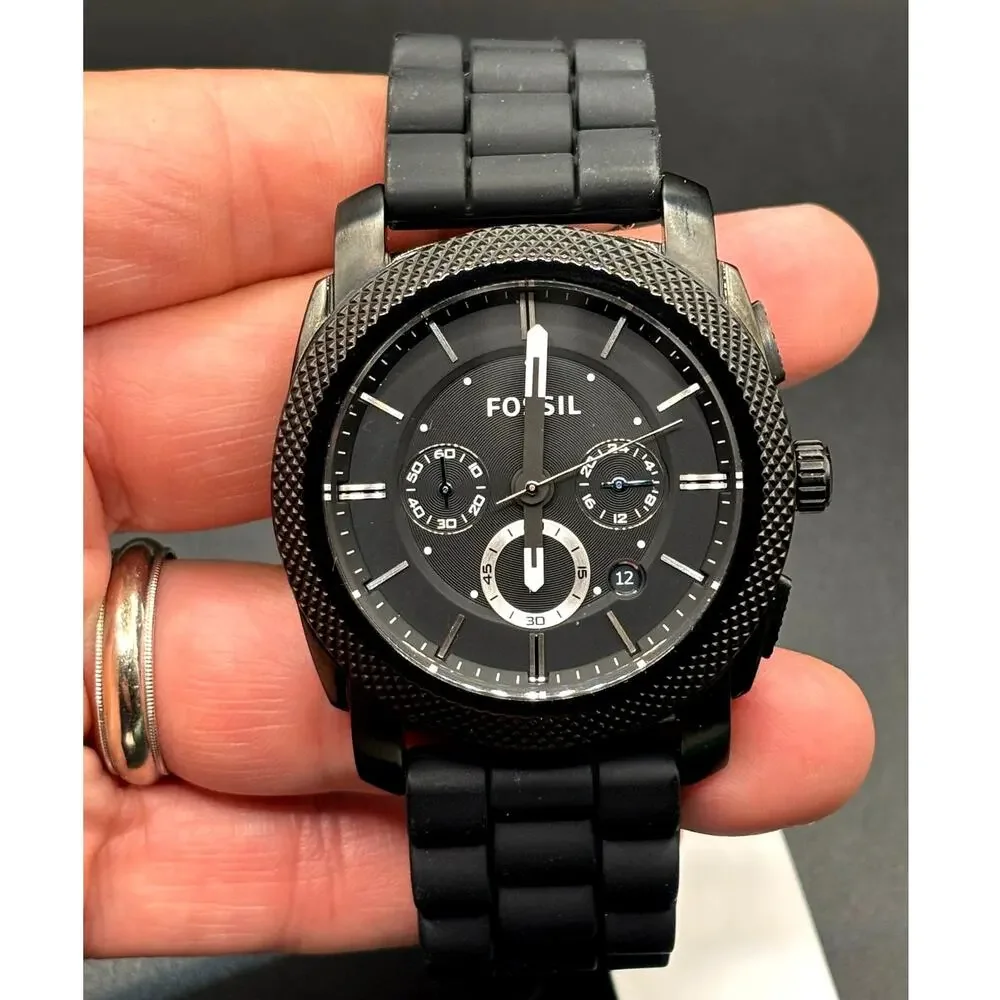 Fossil FS4487 Men's Machine Chronograph Black Silicone Strap Watch NIBWT